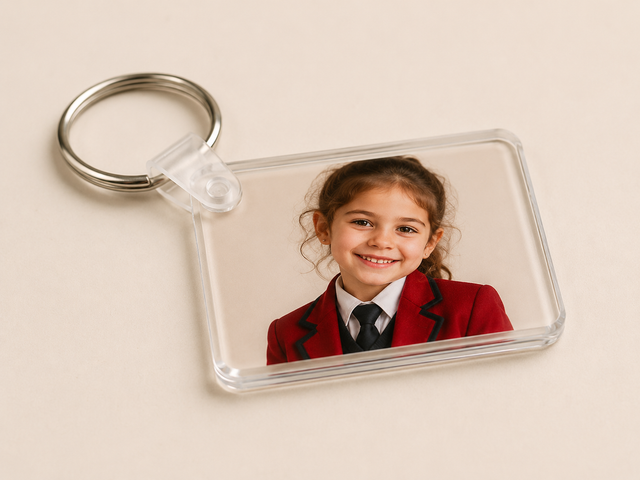 Acrylic photo key ring with silver ring showing a smiling girl in a red school blazer