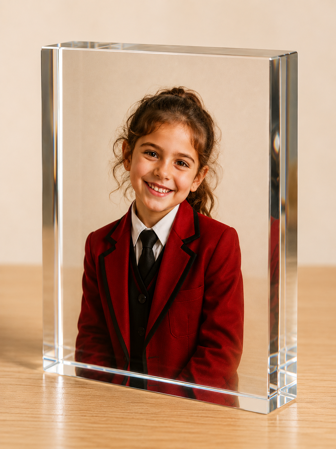 Large crystal glass photo block showing a smiling girl in a red school blazer