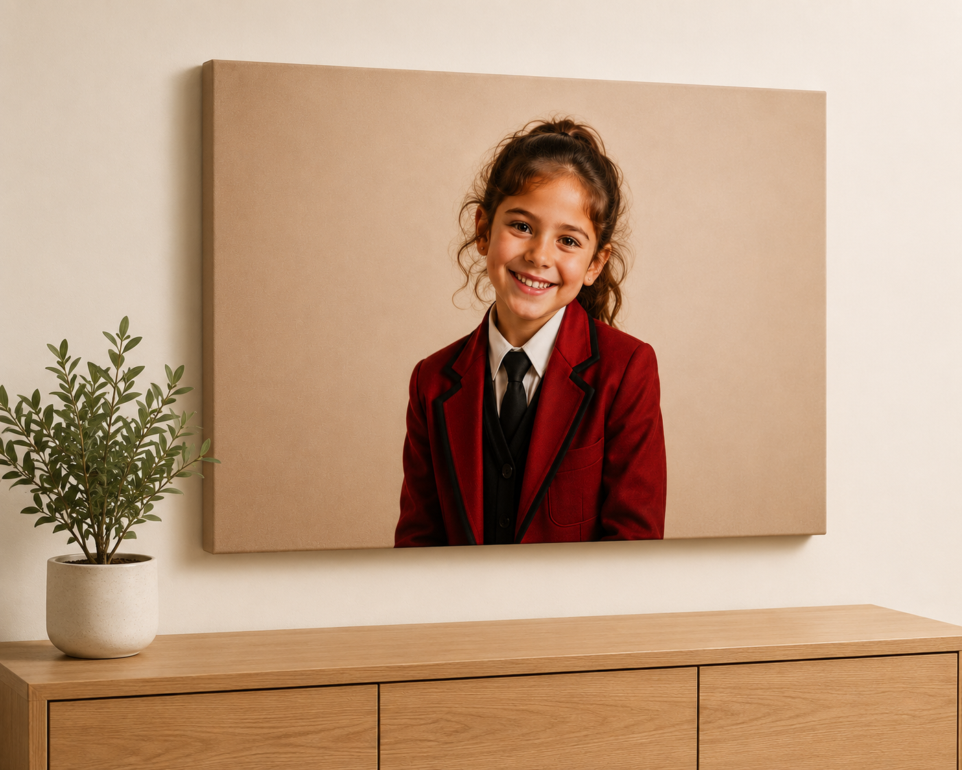 400x300mm photo canvas above a sideboard showing a smiling girl in a red school blazer
