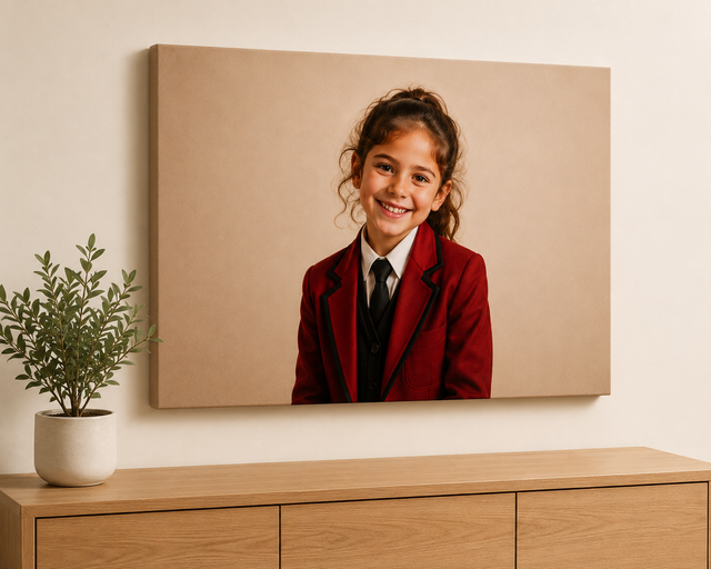 400x300mm photo canvas above a sideboard showing a smiling girl in a red school blazer