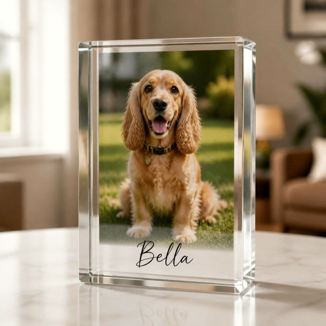 Crystal glass photo block with a spaniel and the name Bella