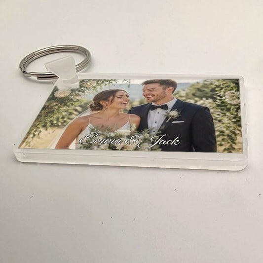 Acrylic key ring with a wedding photo of a couple