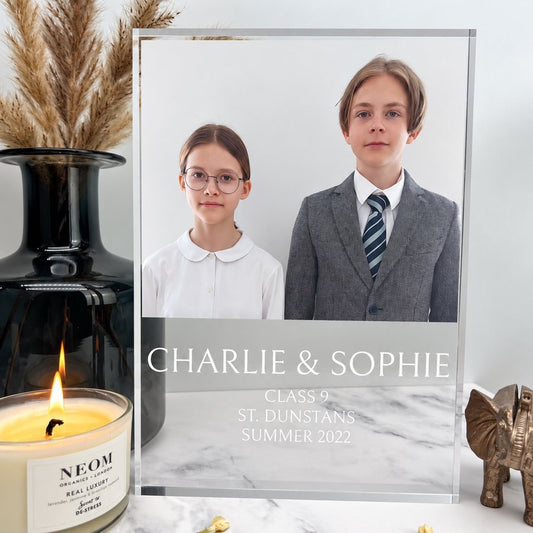 Crystal glass photo block with two pupils' school photo and their class name