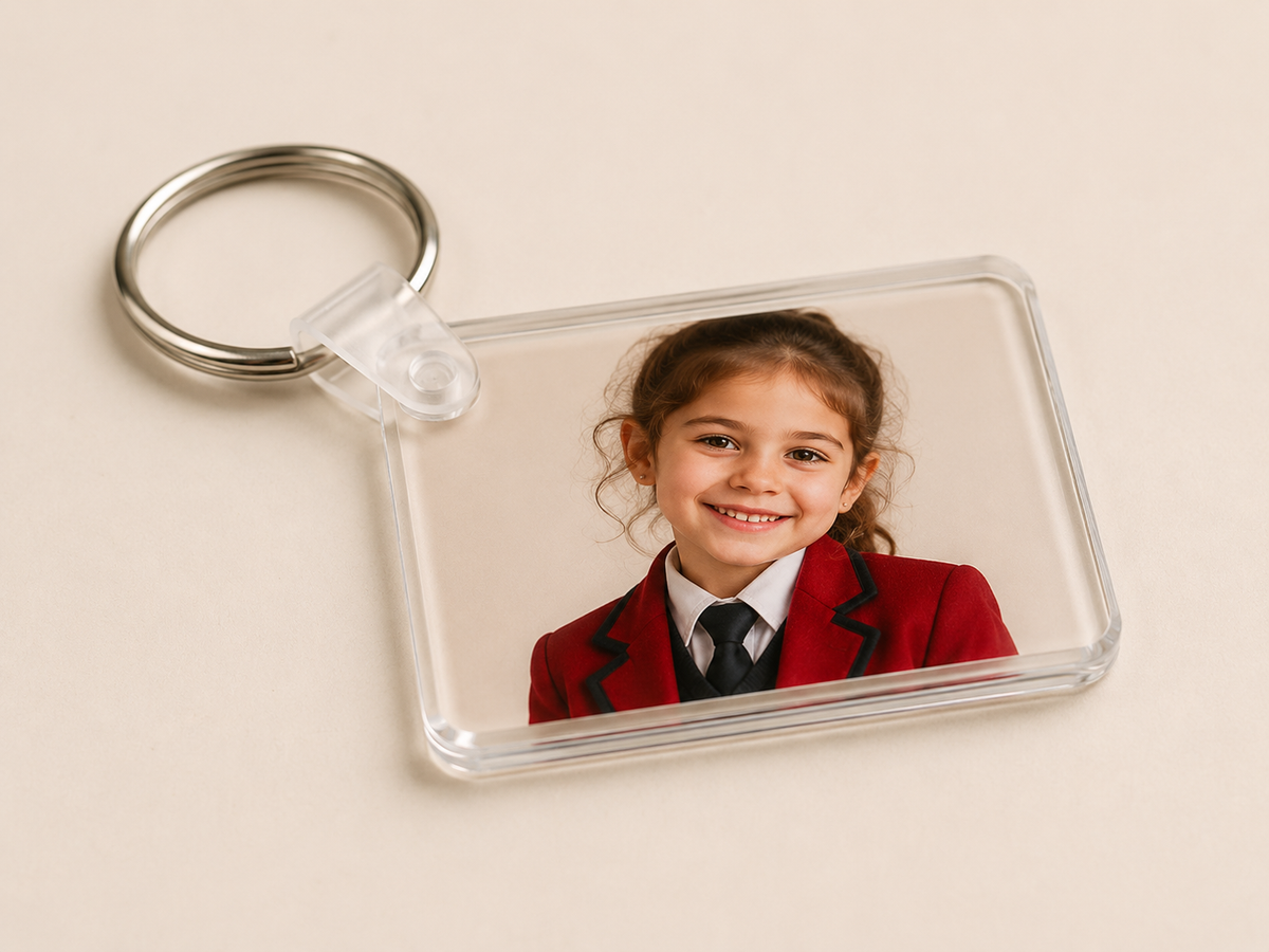 Acrylic photo key ring with silver ring showing a smiling girl in a red school blazer