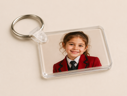 Acrylic photo key ring with silver ring showing a smiling girl in a red school blazer