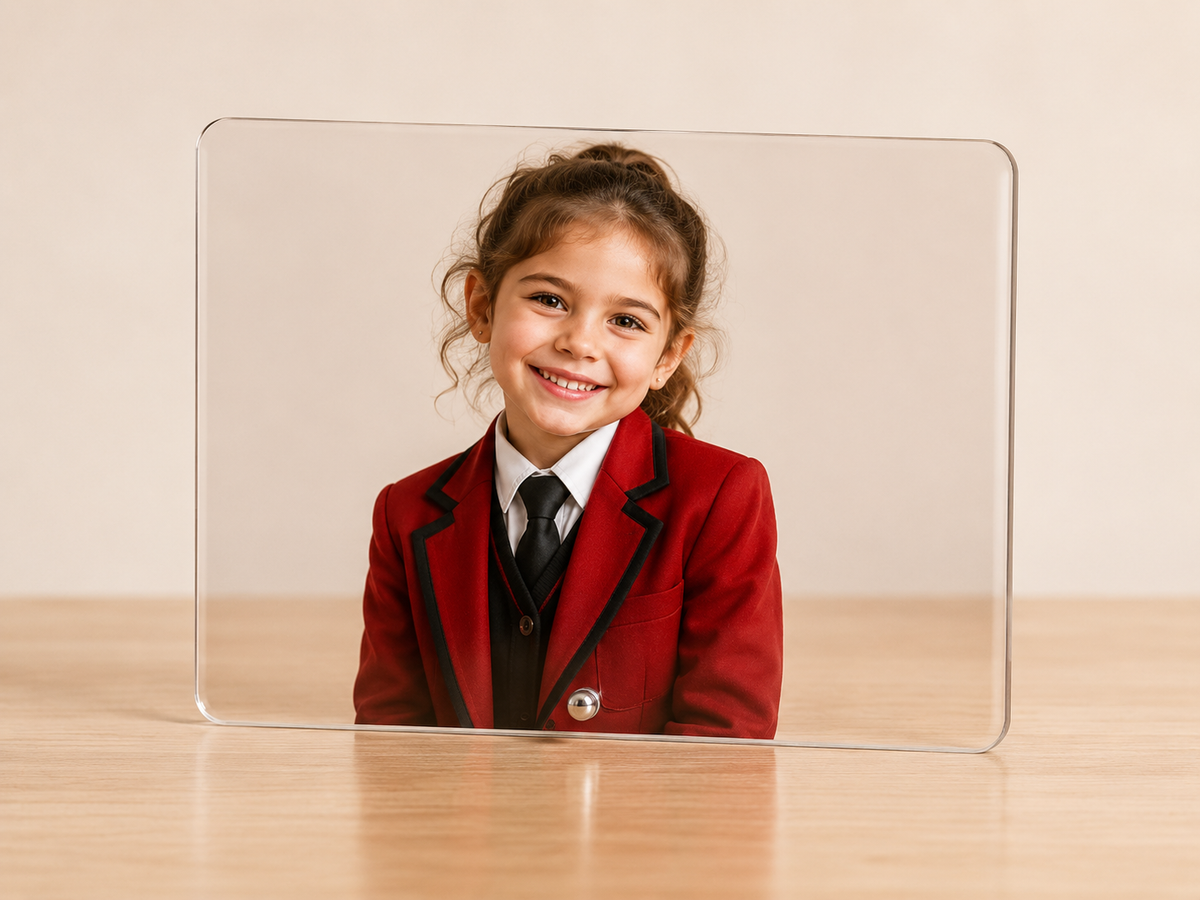 Clear acrylic photo plaque with stand showing a smiling girl in a red school blazer