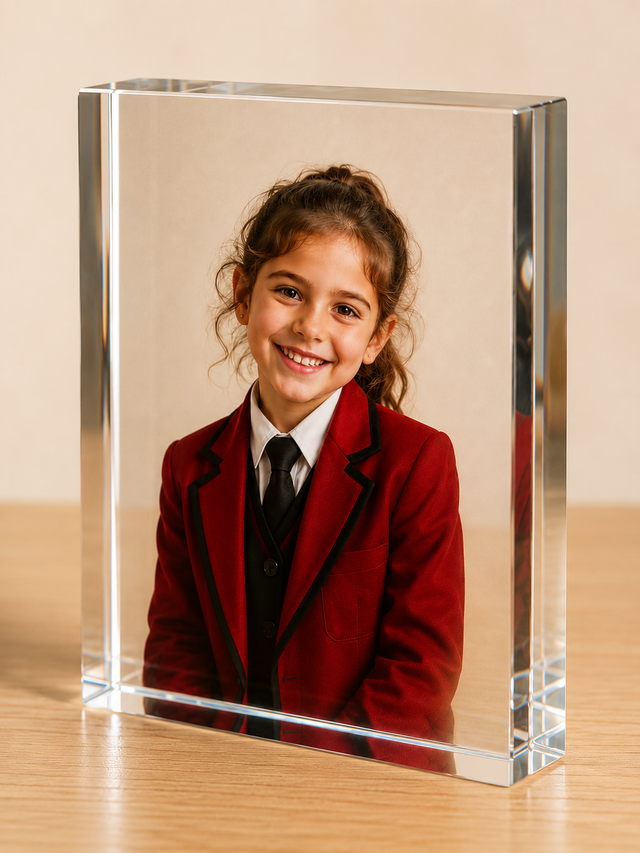 Large crystal glass photo block showing a smiling girl in a red school blazer