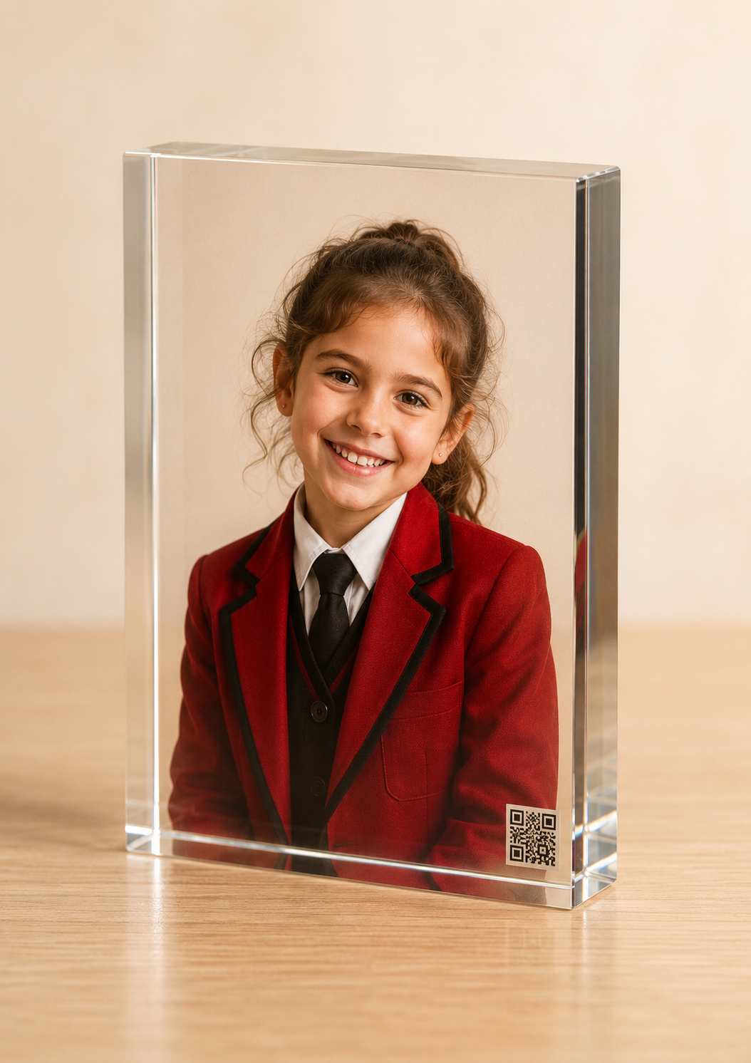Crystal glass photo block with scannable QR code in the corner