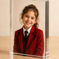 Medium crystal glass photo block showing a smiling girl in a red school blazer