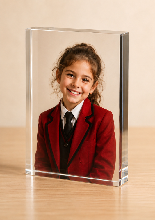Medium crystal glass photo block showing a smiling girl in a red school blazer