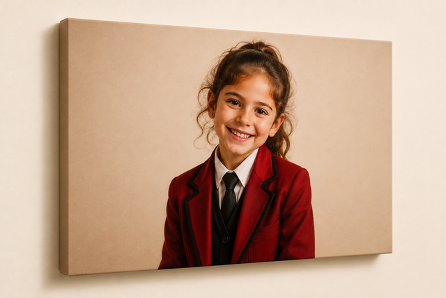 300x200mm photo canvas on a wall showing a smiling girl in a red school blazer