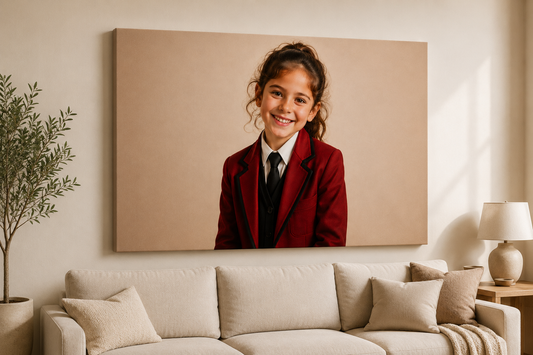 600x400mm photo canvas above a sofa showing a smiling girl in a red school blazer