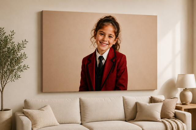 600x400mm photo canvas above a sofa showing a smiling girl in a red school blazer