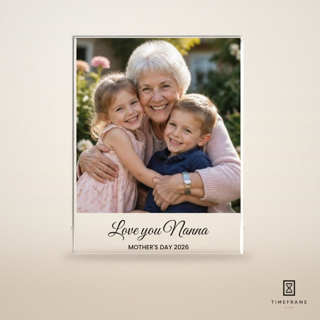 Acrylic photo plaque printed with a family photo and a Love you Nanna message