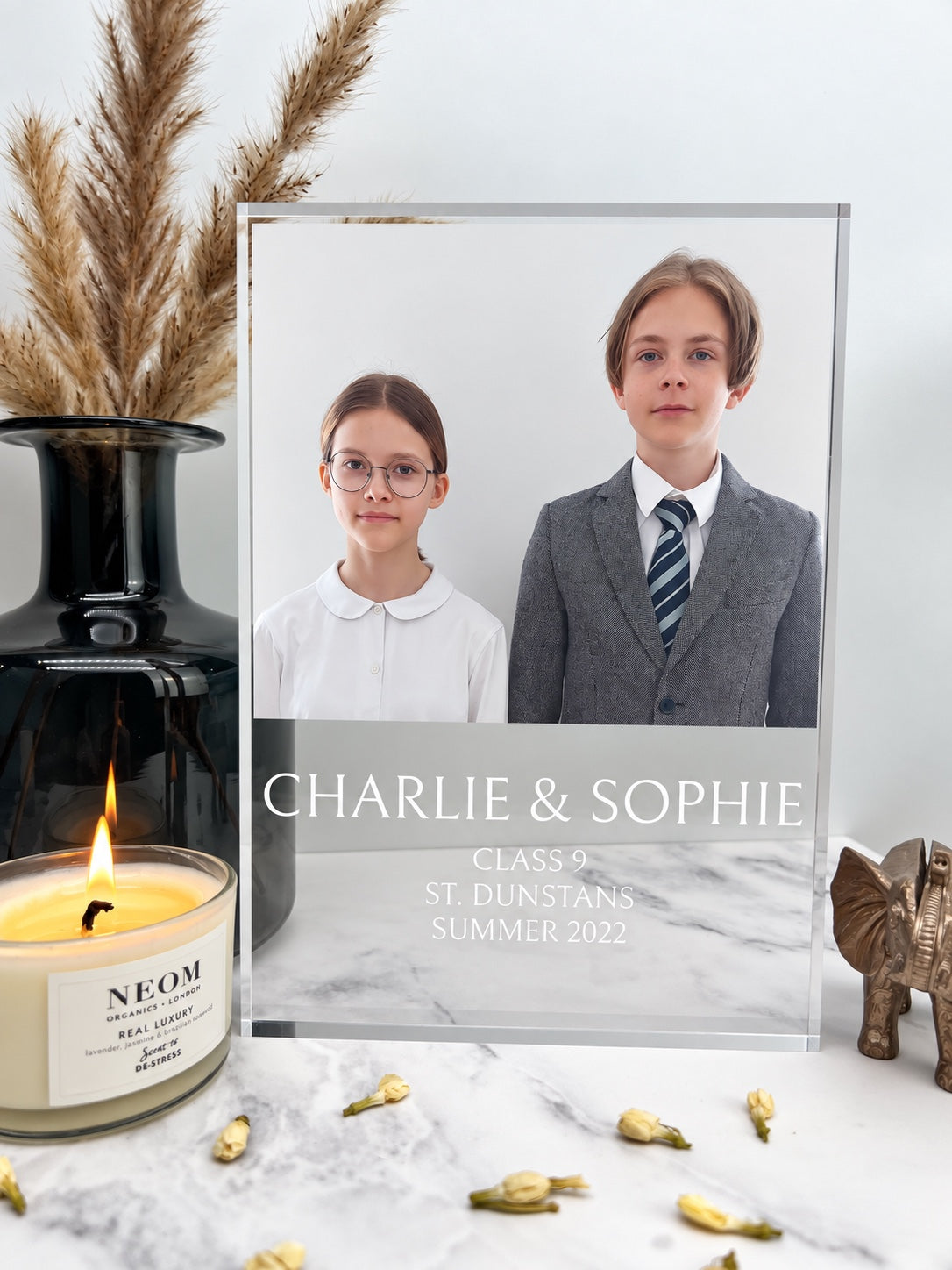 Freestanding personalised photo block with a sibling portrait